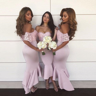 Modest Lace Off-the-shoulder Mermaid Bridesmaid Dress | Hi-Lo Bridesmaid Dress_3