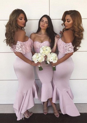 Modest Lace Off-the-shoulder Mermaid Bridesmaid Dress | Hi-Lo Bridesmaid Dress_1