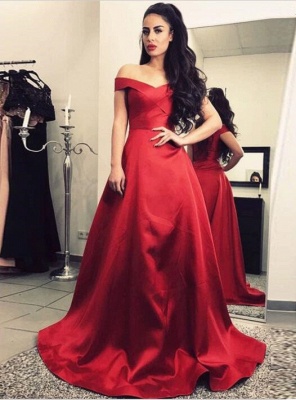 Elegant Red A-line Off-the-shoulder Sweep Train Prom Dress_1