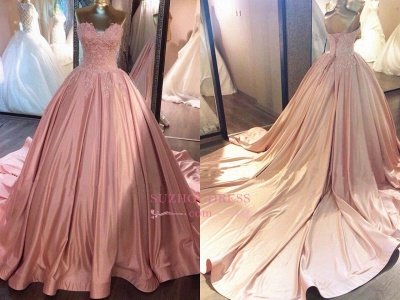 Trägerlose Spitzenapplikationen Ballkleid Abendkleider | Rosa Quinceanera-Kleider mit Schleppe BA8271_1