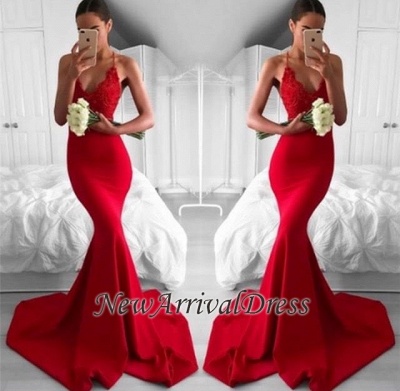 Mermaid Lace Sexy Red V-Neck Long Lace Prom Dress_1