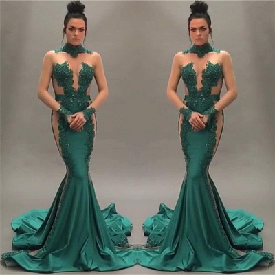 Nude Tulle Beaded Lace Sexy Prom Dresses |Long Sleeve Green  Evening Gown_3
