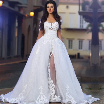 Élégant A-ligne Tulle Manches Longues Dentelle Appliques Robes De Mariée Blanches BA4426_2