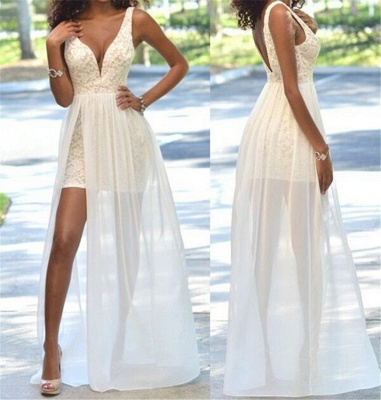 Lace Deep-V-Neck Sheath Open-Back Sleeveless Sexy Prom Dress_3