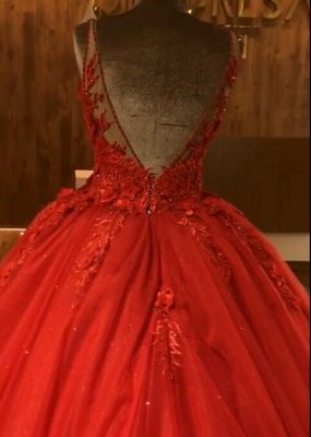 Red Straps Sleeveless Ball Gown Appliques Open Back Prom Dresses with Beading_5