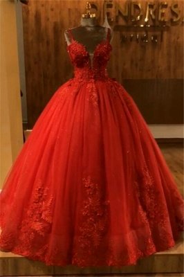 Red Straps Sleeveless Ball Gown Appliques Open Back Prom Dresses with Beading_2