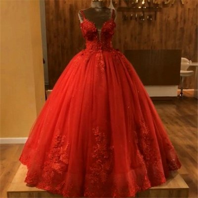 Red Straps Sleeveless Ball Gown Appliques Open Back Prom Dresses with Beading_6