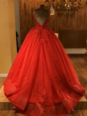 Red Straps Sleeveless Ball Gown Appliques Open Back Prom Dresses with Beading_3