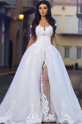 Elegant A-Line Tulle Long Sleeve Lace Appliques White Wedding Dressess BA4426_1
