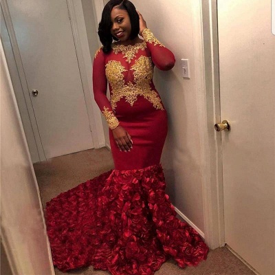 Gold Lace Plus Size Long Prom Dresses   | Long Sleeve Mermaid Burgundy Formal Dresses bc1357_3