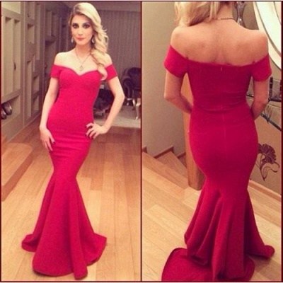 Arrival Prom Dresses Off the Shoulder Chiffon Red V-neck Court Train Short Sleeves Sheath Simple Evening Gowns_4