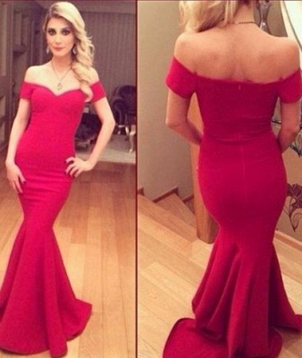 Arrival Prom Dresses Off the Shoulder Chiffon Red V-neck Court Train Short Sleeves Sheath Simple Evening Gowns_5