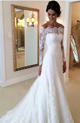 Off-the-shoulder Lace Long Sleeve Bridal Gowns White Sheath Mermaid Wedding Dresses_3