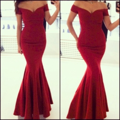 Arrival Prom Dresses Off the Shoulder Chiffon Red V-neck Court Train Short Sleeves Sheath Simple Evening Gowns_3