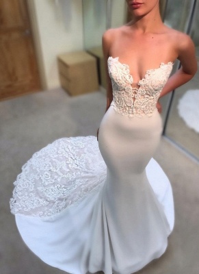 Simple Lace Appliques Mermaid Wedding Dresses | Sexy Sleeveless Long Court Train Bridal Gowns_2