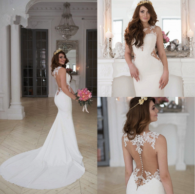 Illusion Sexy Lace Appliques Mermaid Modern Satin Wedding Dresses with Court Train_5