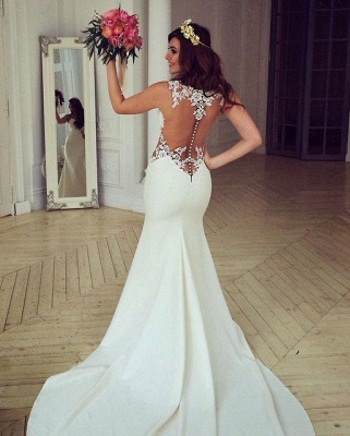 Illusion Sexy Lace Appliques Mermaid Modern Satin Wedding Dresses with Court Train_6