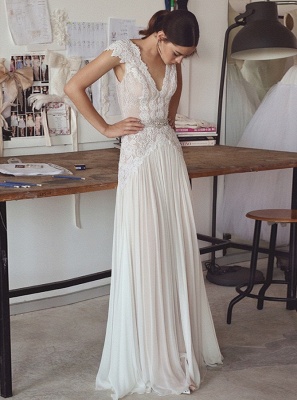 Chiffon Cap Sleeve Crystals Long Glamorous Wedding Dress_2