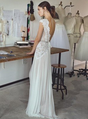 Chiffon Cap Sleeve Crystals Long Glamorous Wedding Dress_4