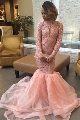 Keyhole Pink High-Neck Sexy Long-Sleeve Tulle Mermaid Prom Dress_2