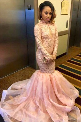 Keyhole Pink High-Neck Sexy Long-Sleeve Tulle Mermaid Prom Dress_3