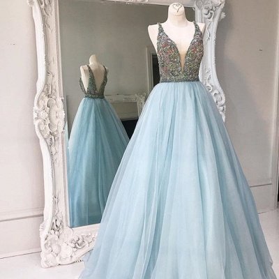 V-neck Sleeveless Crystals Stunning Zipper Tulle Custom Made A-line Prom Dresses_3