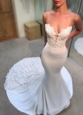 Simple Lace Appliques Mermaid Wedding Dresses | Sexy Sleeveless Long Court Train Bridal Gowns_1