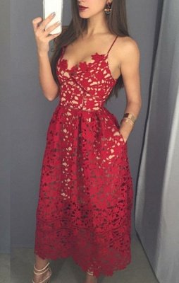 Mini vestido de cóctel de encaje rojo sexy Correa de espagueti sin mangas A-line BA3376_1