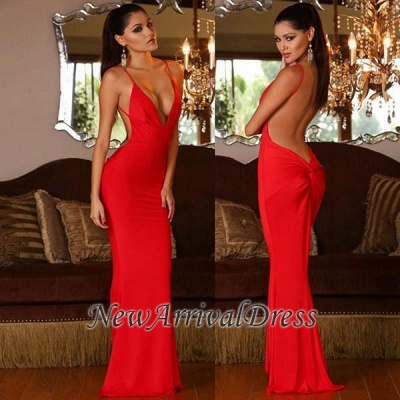 Red Mermaid V-neck Sleeveless Sexy Open-Back Prom Dress_1