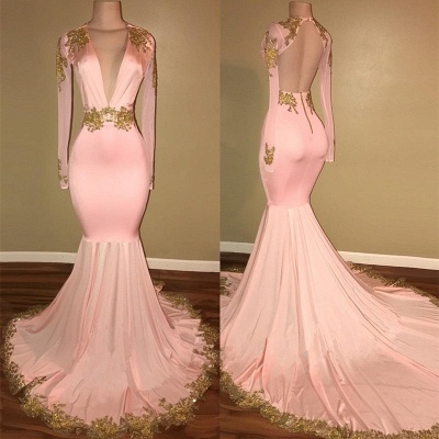 V-neck Long Sleeve Pink Mermaid Lace Prom Dresses_3