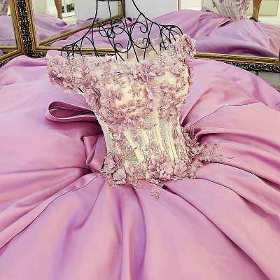 Beaded Puffy Off The Shoulder Pink Flowers Appliques Bows Long Prom Dresses_5