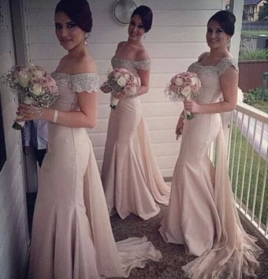 Sexy Off-the-Shoulder Mermaid Bridesmaid Dresses Sweep Train Beaded Party Dresses_2