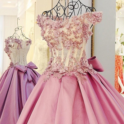 Beaded Puffy Off The Shoulder Pink Flowers Appliques Bows Long Prom Dresses_4