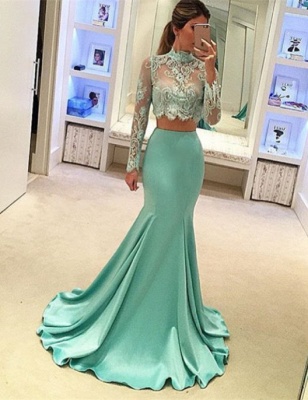 Mint High-Neck Mermaid Two-Piece Long-Sleeves Long Prom Dresses_3