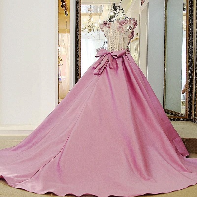 Beaded Puffy Off The Shoulder Pink Flowers Appliques Bows Long Prom Dresses_3
