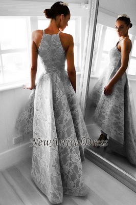 Halter Sleeveless Elegant Hi-Lo Lace A-line Prom Dresses_3
