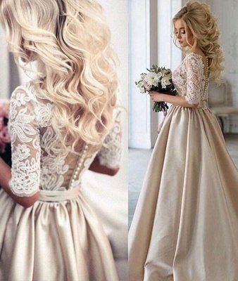 A-Line Half-Sleeves Illusion Lace Puff Custom Made Elegant Wedding Dresses_4