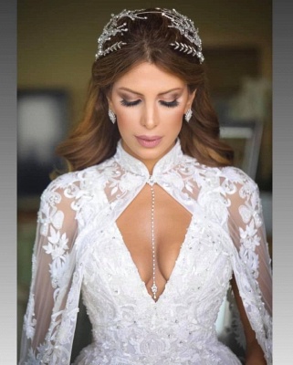 Straps V-neck Beads Appliques A-line Wedding Dresses |  Sleeveless Bridal Gowns with Lace Cape_3