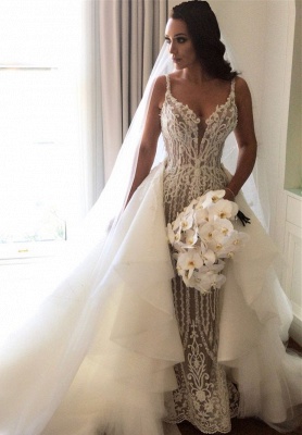 Gorgeous Mermaid Wedding Dresses with Detachable Train | Straps Sexy Sleeveless   Bridal Dresses_1