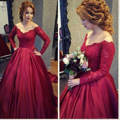 Burgundy A-line V-neck Sleeves Lace Off-shoulder Long  Prom Dresses_3