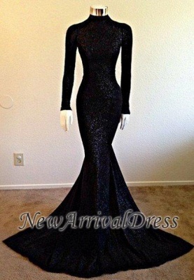 High Neck BlackEvening Gowns | Modest Mermaid Long Sleeve Prom Dresses  BA5158_1
