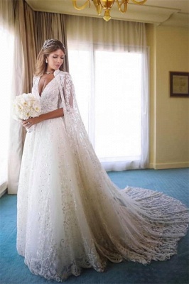 Straps V-neck Beads Appliques A-line Wedding Dresses |  Sleeveless Bridal Gowns with Lace Cape_1