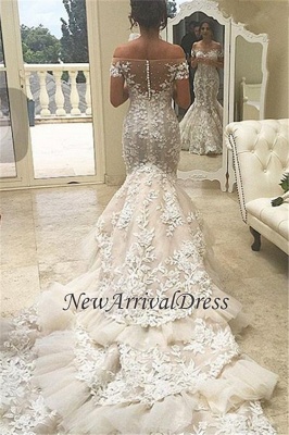 Buttons Tiered Appliques Tulle Off The Shoulder Mermaid Elegant Wedding Dresses_1