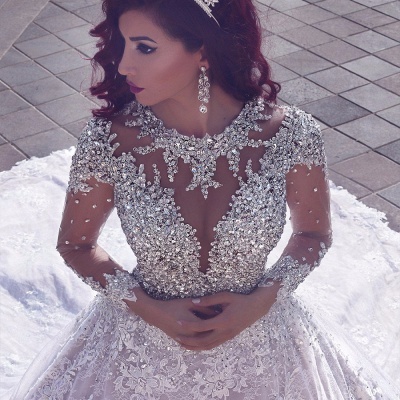 Vestidos de novia de tul transparente con cristales de abalorios de lujo | Vestido de bola de encaje de tren de la catedral Vestidos de novia_3