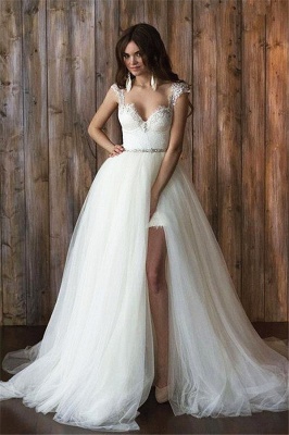 Cap Sleeve Sexy V-neck Crystals Detachable Tulle Overskirt Wedding Dresses_3