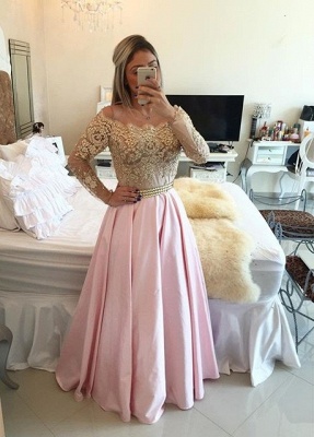 Gold Pink Prom Dresses Long Sleeves Crystals Beaded Off the Shoulder Illusion Lace Evening Gowns Bar0020_1