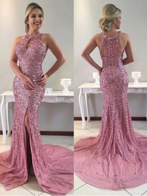 Gorgeous Crystals Mermaid Keyhole Front Split Prom Dress_1