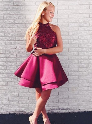 Newest Lace Beads Halter Homecoming Dress | Short Ruffled Party Gown_1