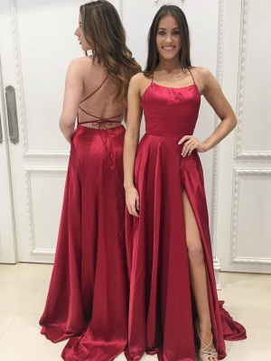 Sexy Red Sleeveless A-line Front Split Backless Prom Dress_1