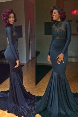 Sexy Mermaid High-Neck Long Sleeve Lace Appliques Prom Dress With Train_1